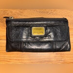 Fossil Black Leather Clutch with Gold Accents